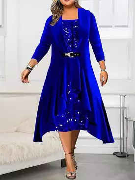 Royal Blue Velvet Sequin Long Sleeve Plus Size Midi Dress