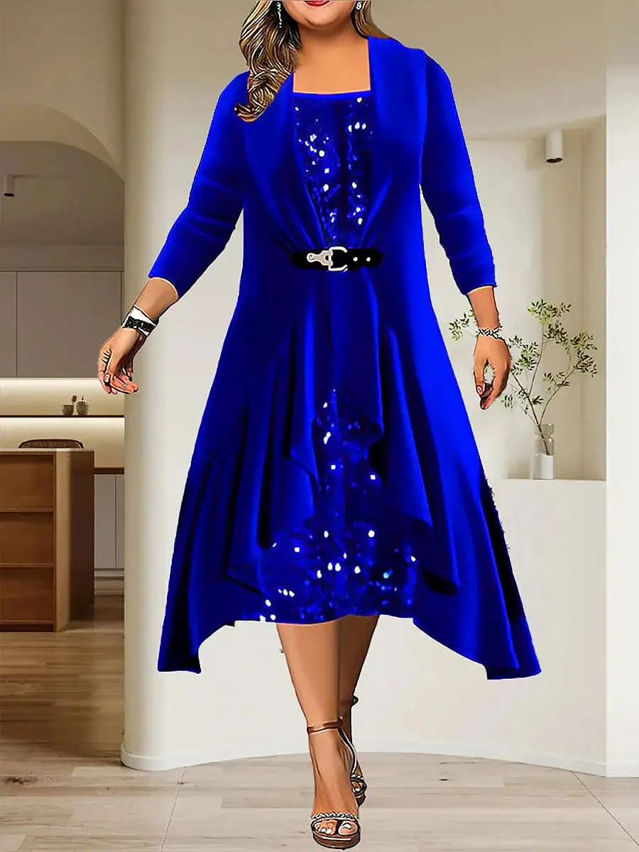 Royal Blue Velvet Sequin Long Sleeve Plus Size Midi Dress