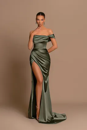 Sheath Off the Shoulder Satin Pleated Side Slit Long Bridesmaid Dress QB3060