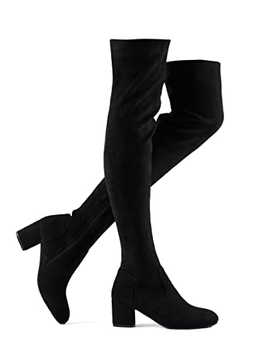 Shoe'N Tale Women Stretch Suede Chunky Heel Thigh High Over The Knee Boots(5,Balck 2.4'' Heel)