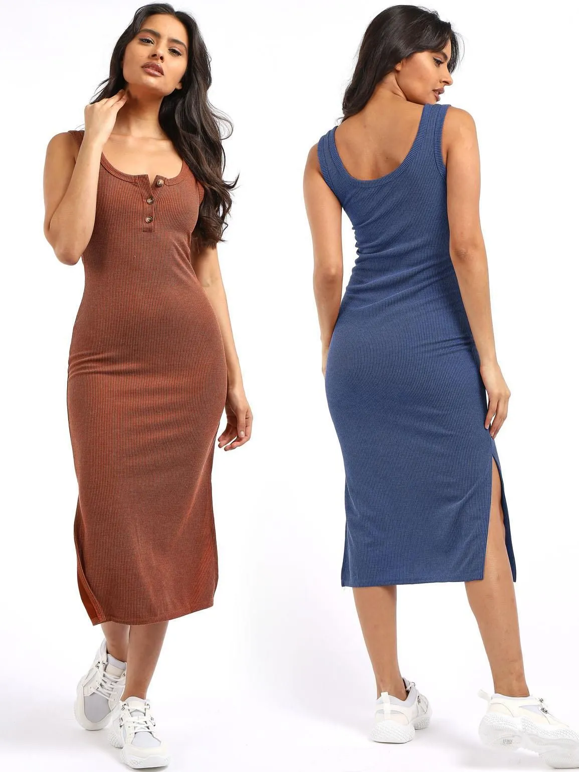 Sleeveless Midi Dress With Side Splits, Navy, Tan, UK Sizes 8 to 14