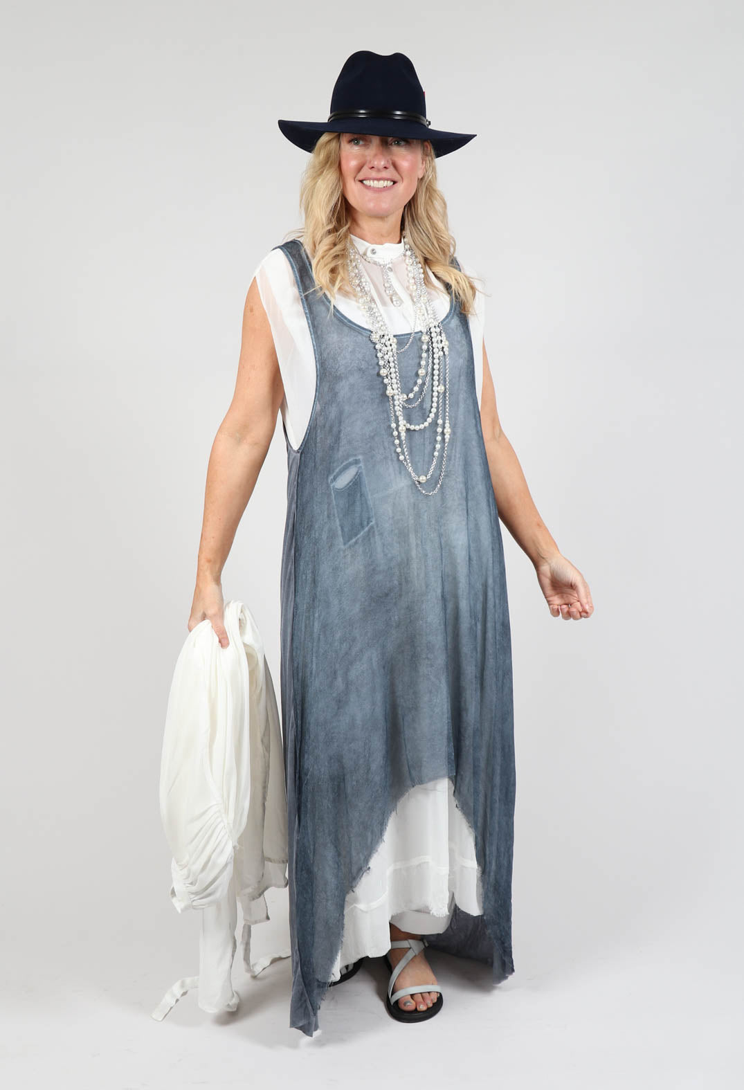 Sleeveless Sheer Dress with Drop Hem in indigo