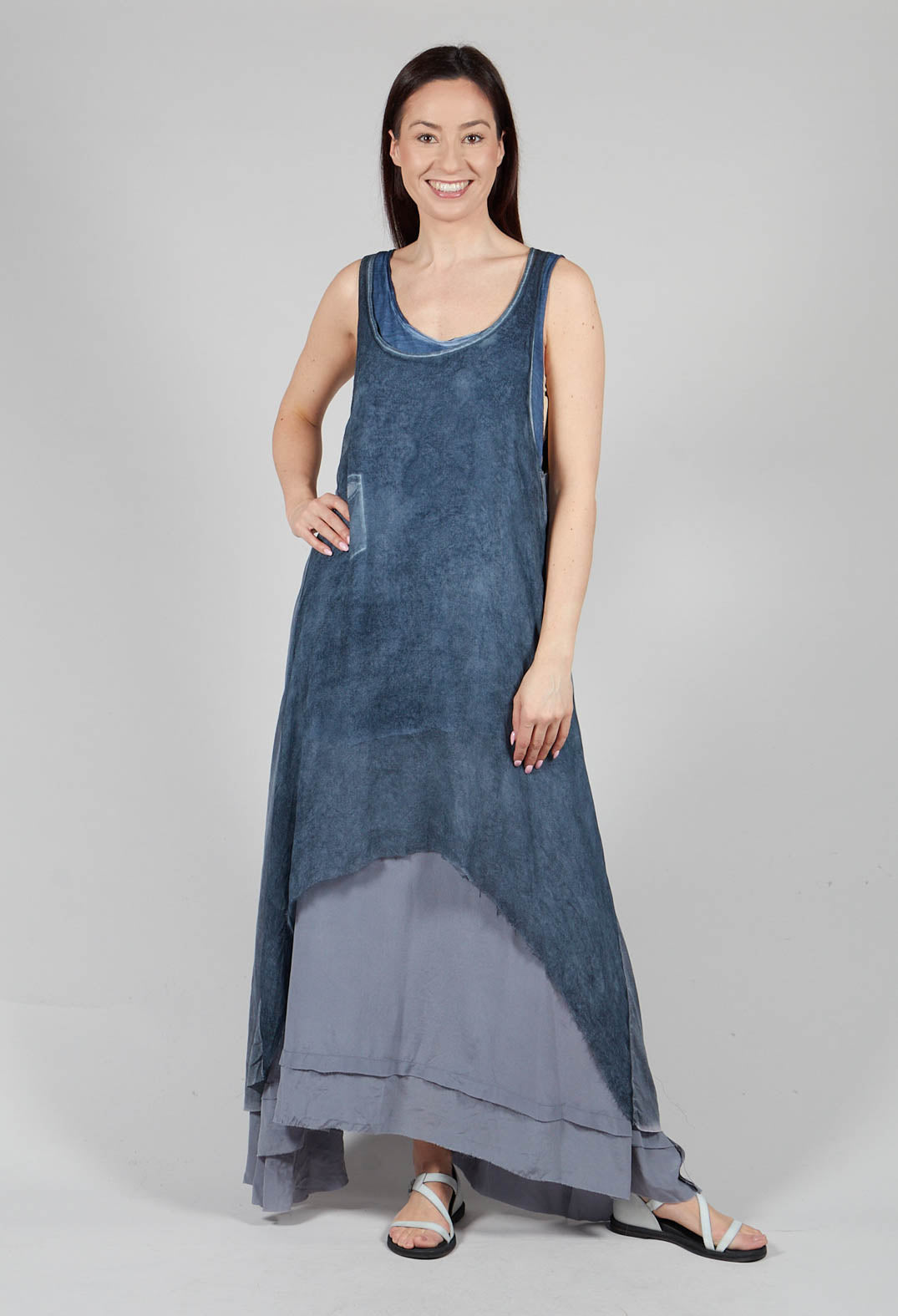 Sleeveless Sheer Dress with Drop Hem in indigo