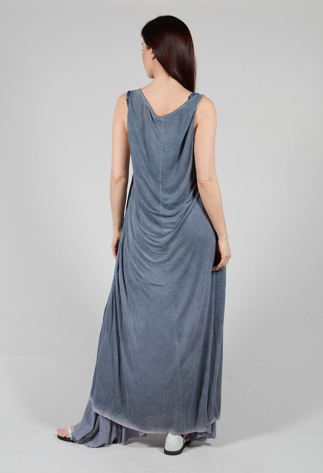 Sleeveless Sheer Dress with Drop Hem in indigo