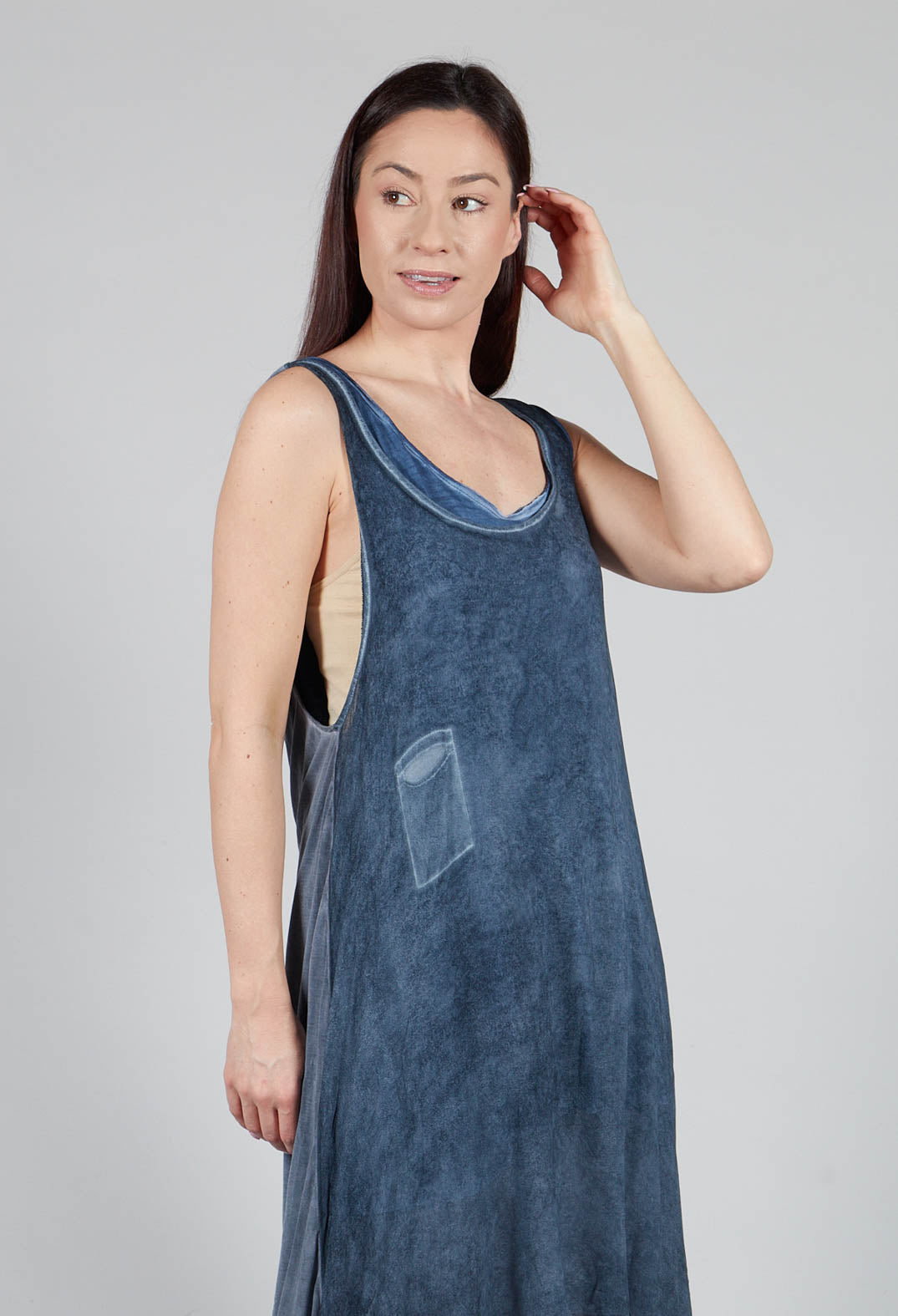 Sleeveless Sheer Dress with Drop Hem in indigo