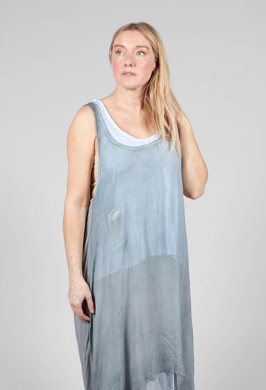 Sleeveless Sheer Dress with Drop Hem in Light Grey