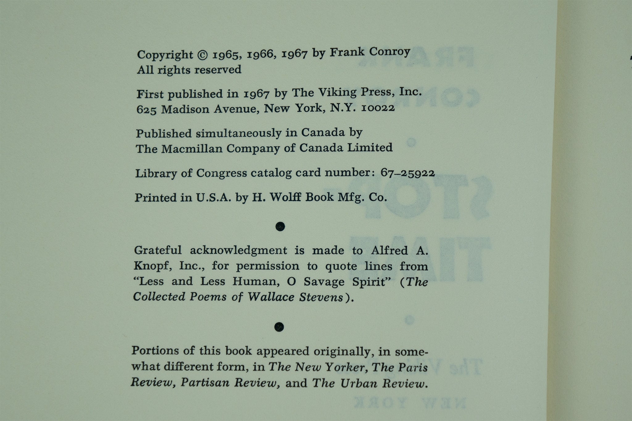 Stop-Time, Frank Conroy. The Viking Press, 1967. First Edition.