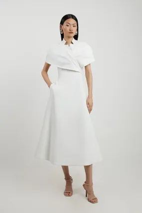 Structured Crepe Cape Detail Full Skirted Tailored Midi Dress | Karen Millen