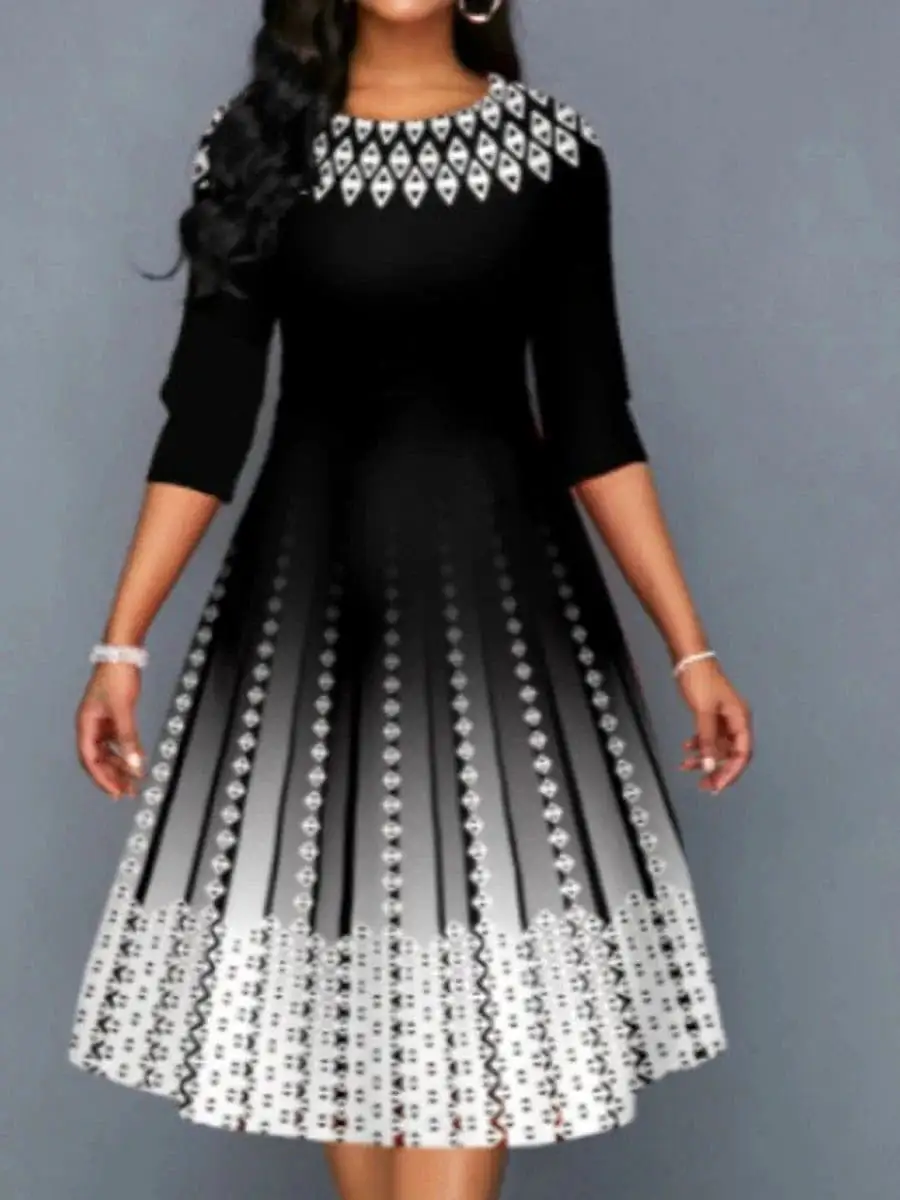 Stylish Plus Size Geometric Print Midi Dress for Winter Parties