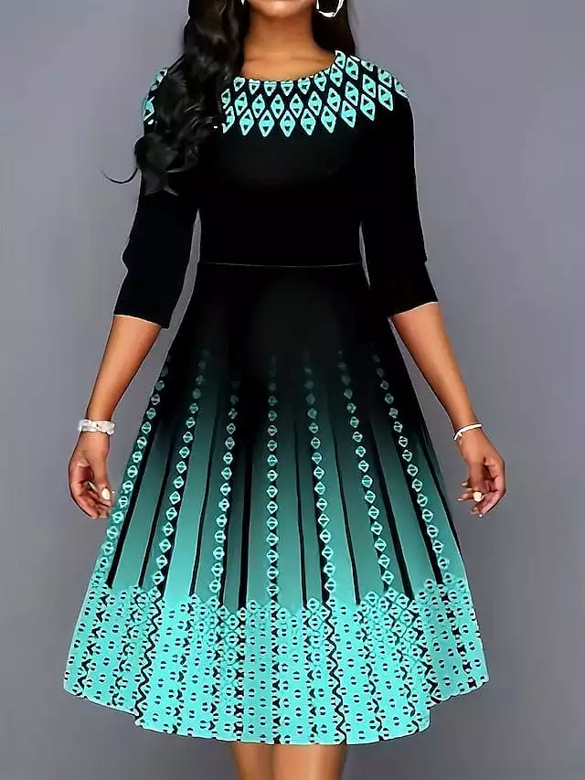 Stylish Plus Size Geometric Print Midi Dress for Winter Parties