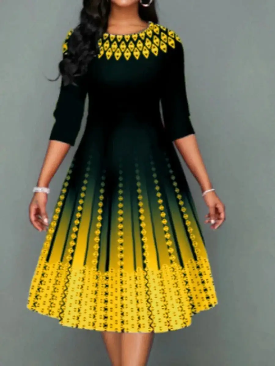 Stylish Plus Size Geometric Print Midi Dress for Winter Parties