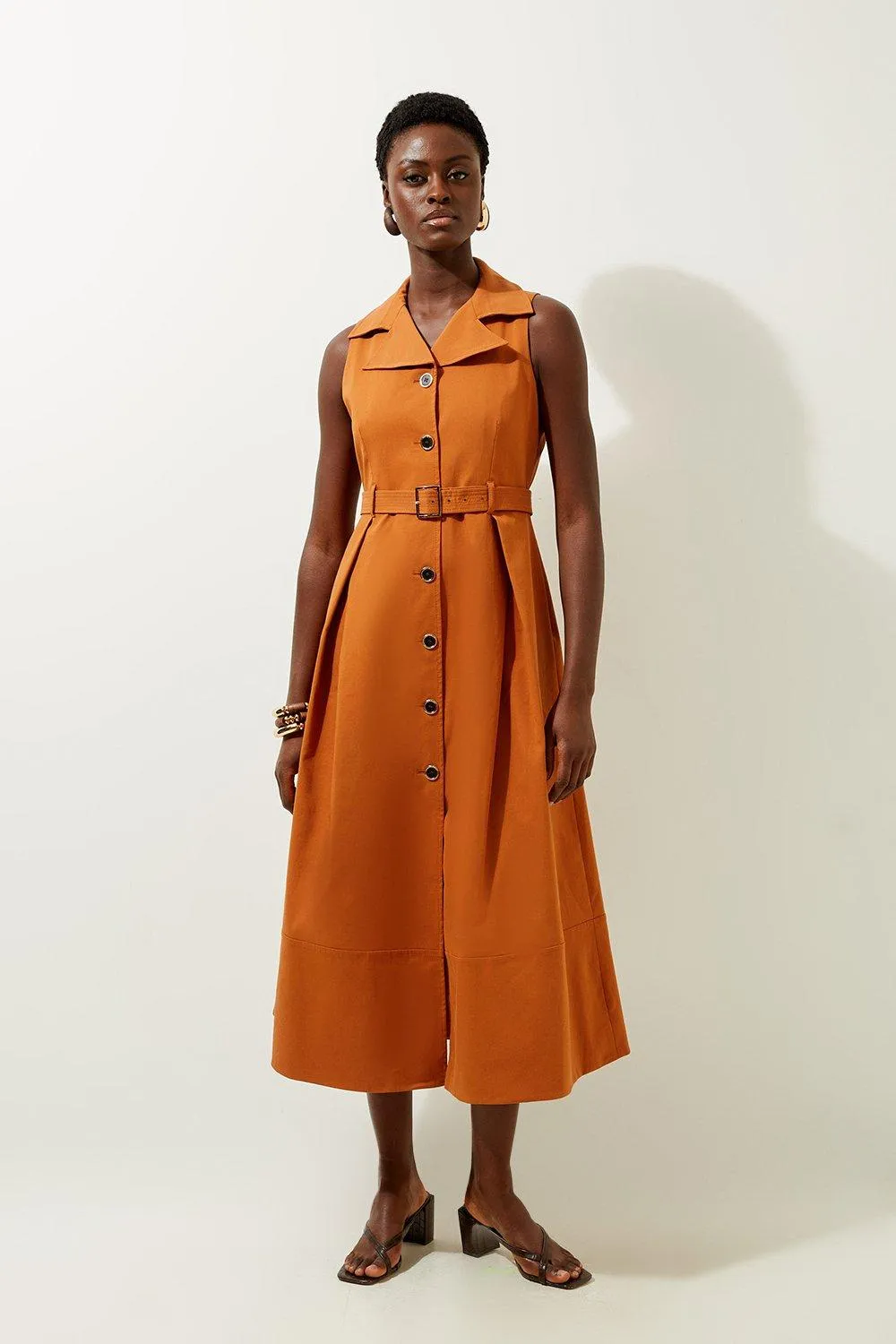 Tailored Cotton Halter Neck Belted Full Skirted Shirt Dress | Karen Millen