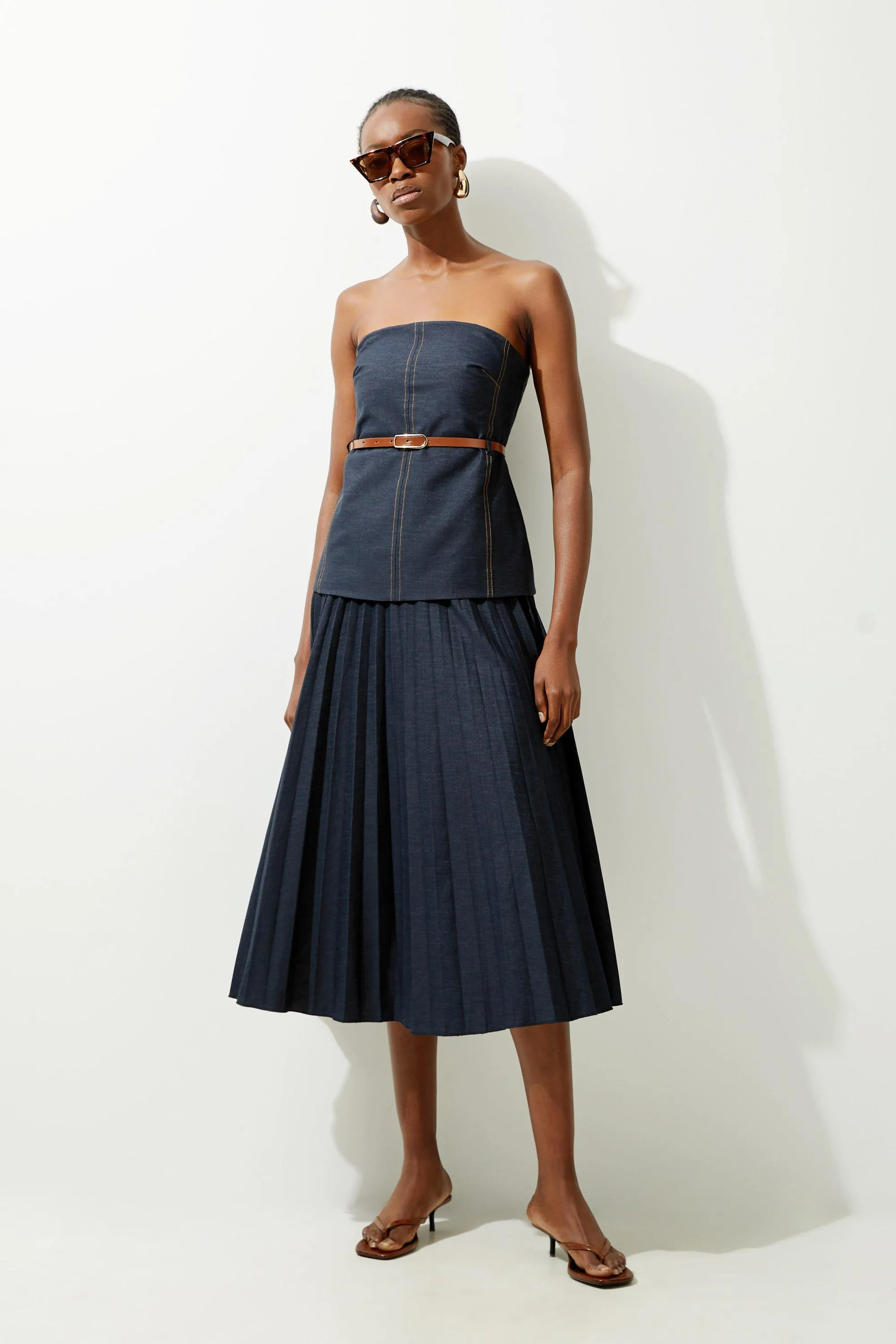 Tailored Denim Bandeau Pleated Full Skirted Midaxi Dress | Karen Millen