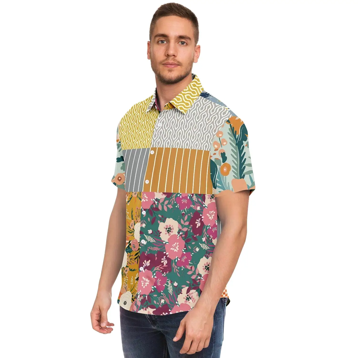 Tallulah Bankhead Floral Ikat Patchwork Short Sleeve Button Down Shirt