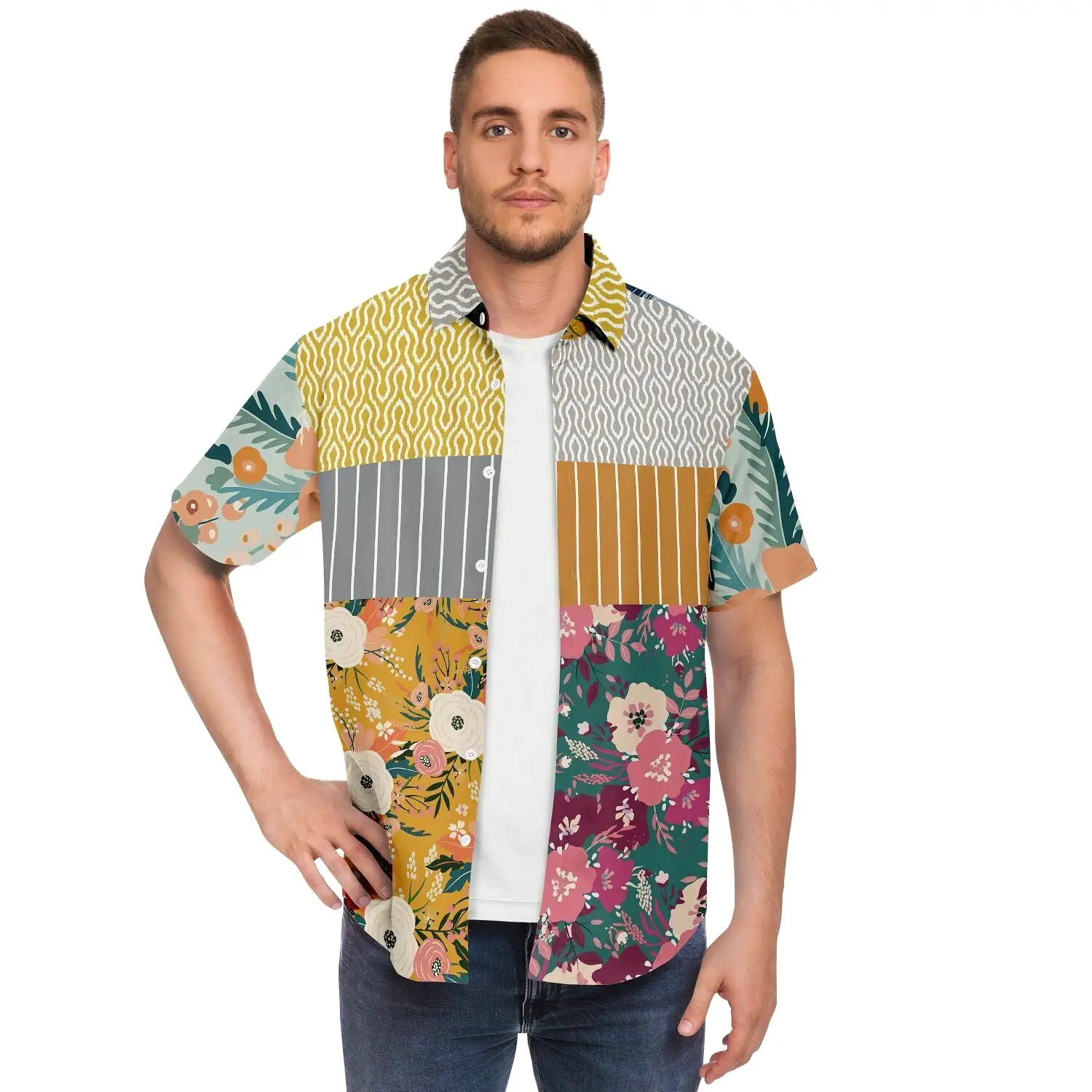 Tallulah Bankhead Floral Ikat Patchwork Short Sleeve Button Down Shirt