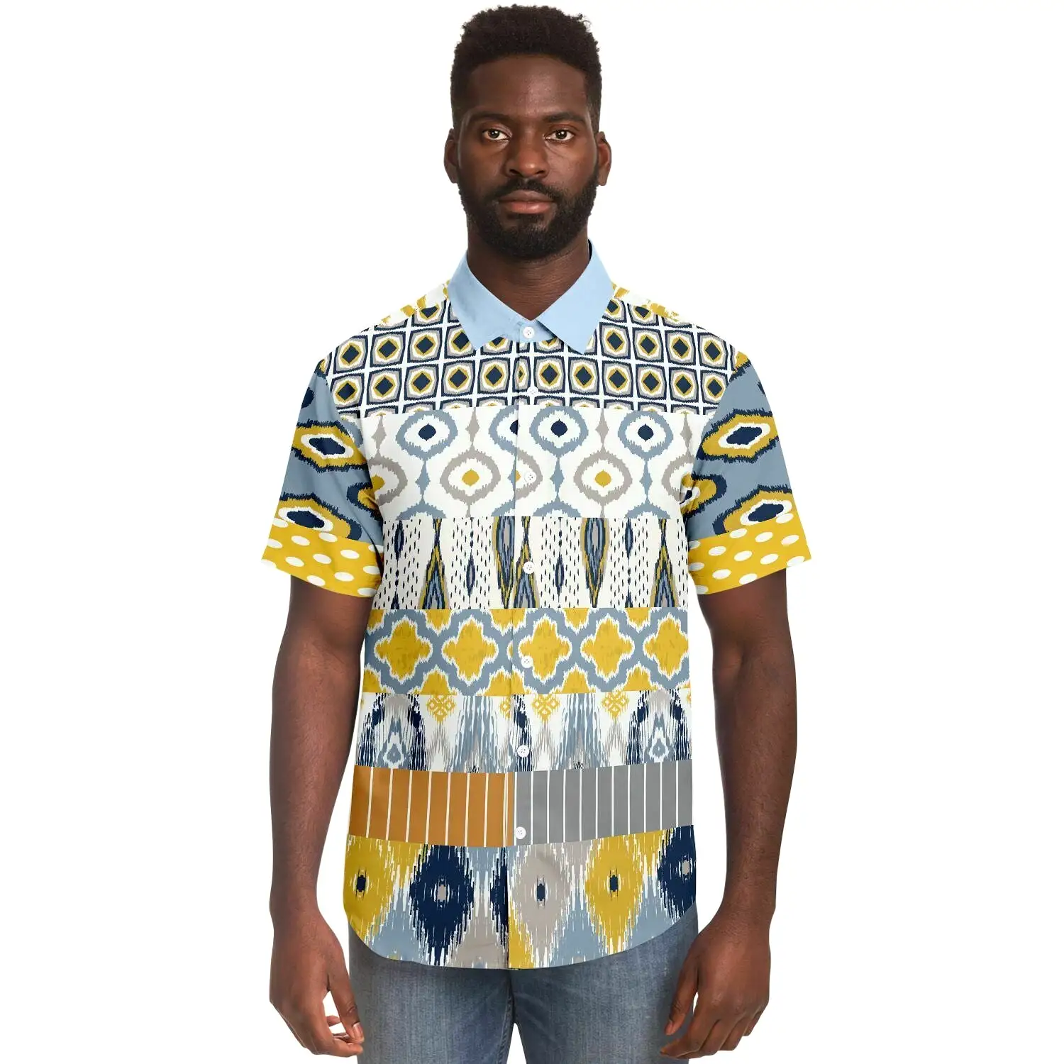 Tallulah Bankhead Yellow Ikat Patchwork Short Sleeve Button Down Shirt