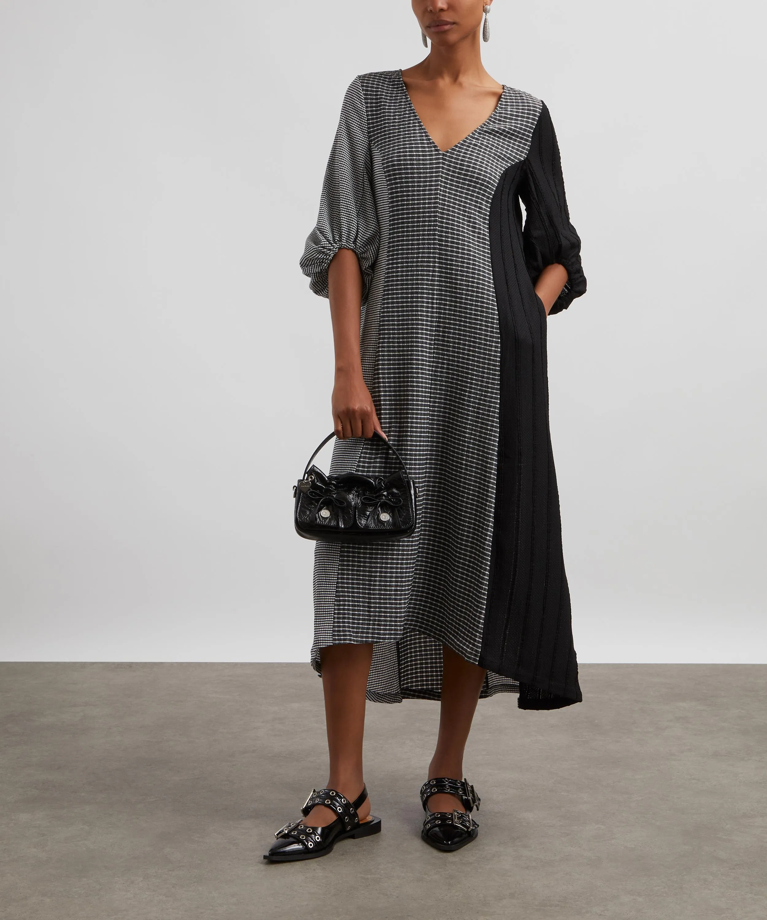 Three-Quarter Sleeve Chequered Midi Dress