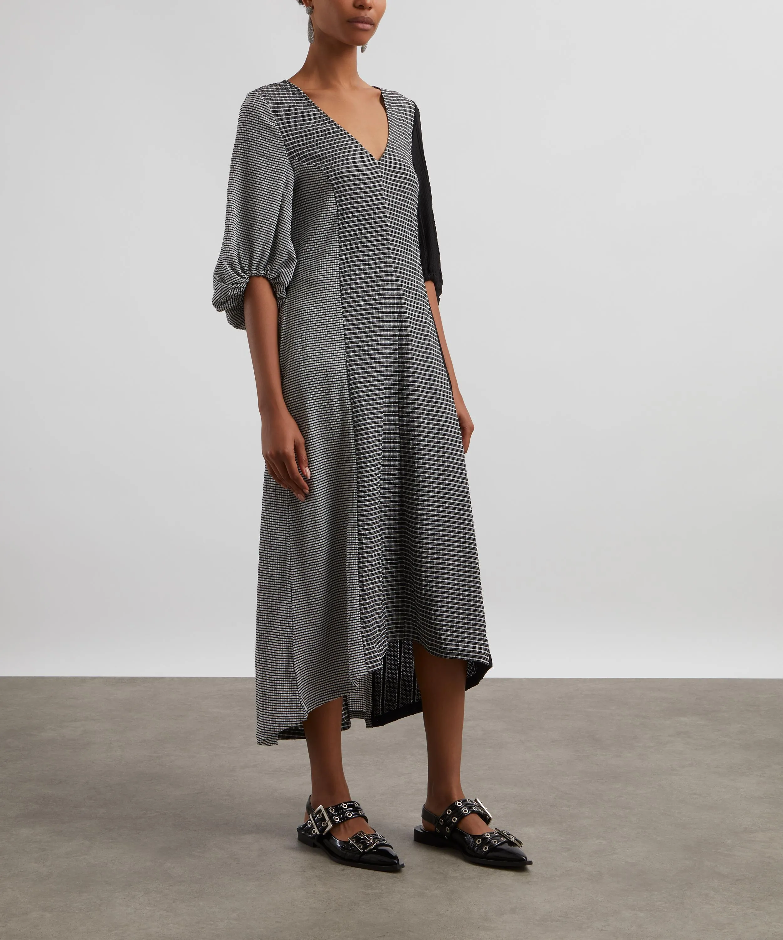 Three-Quarter Sleeve Chequered Midi Dress