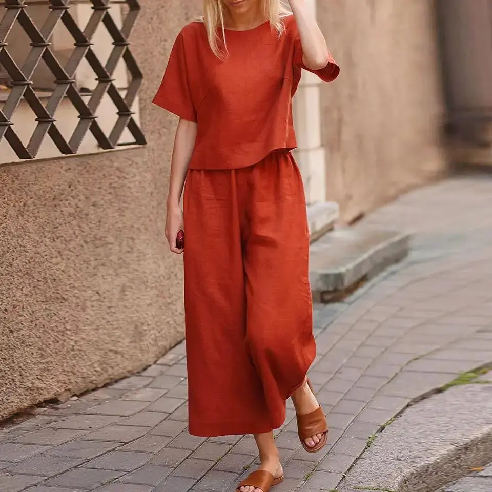 Two Piece Sets Women Summer Casual Cotton Linen O-Neck Tops And Wide Leg Straight Pants Outfits Fashion Solid Ladies Streetwear 