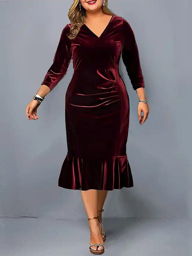 Velvet V-Neck Plus Size Midi Dress for Winter and Valentine's Day