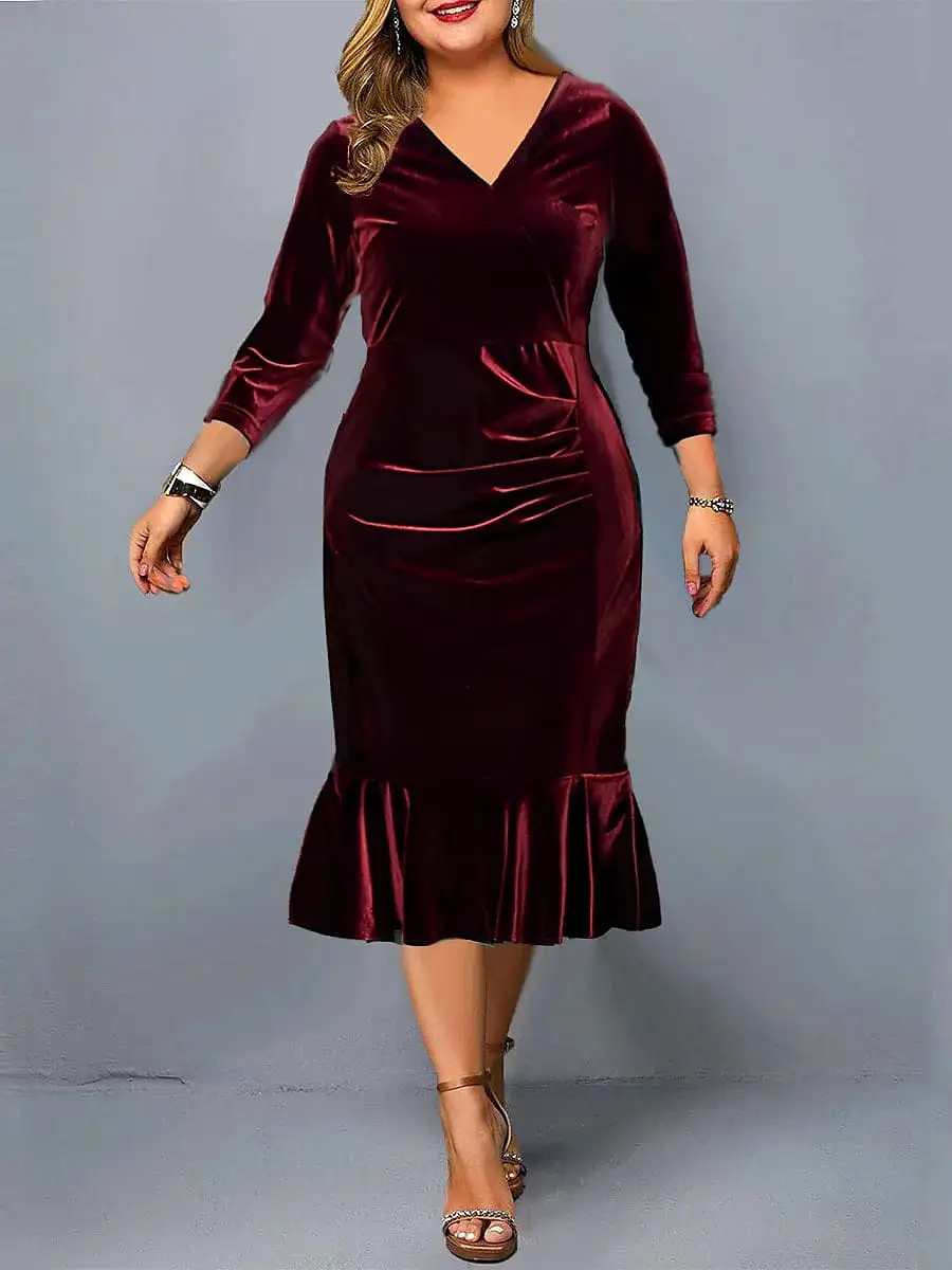 Velvet V-Neck Plus Size Midi Dress for Winter and Valentine's Day