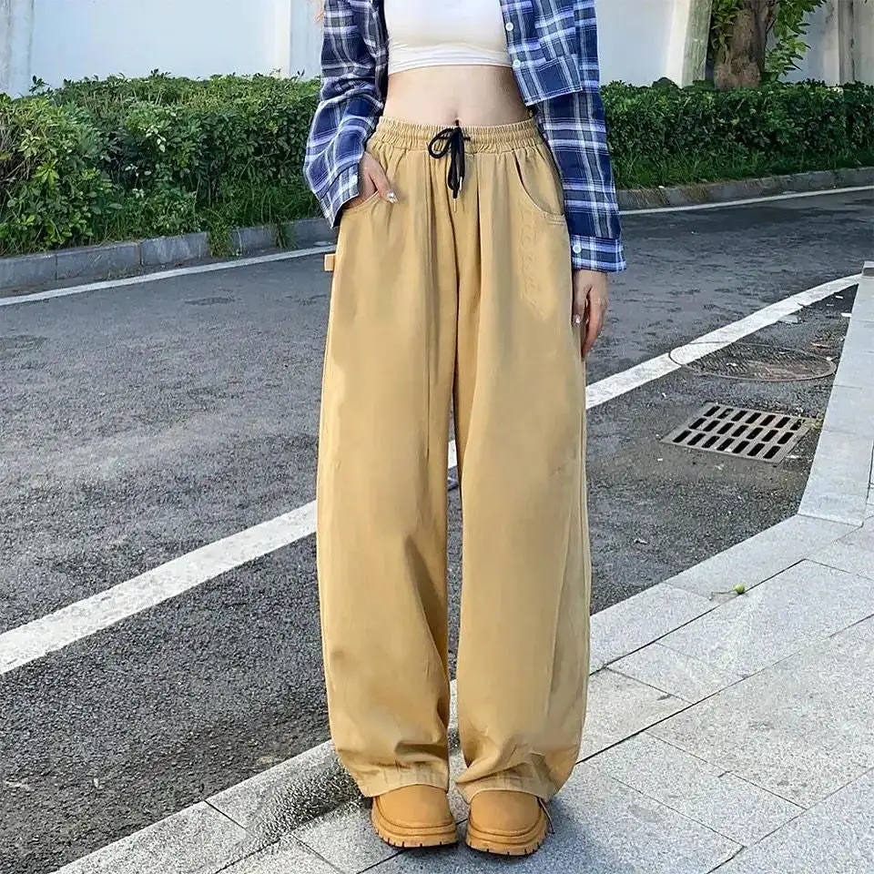 Women Vintage Baggy Wide Leg Cotton Sweatpants Loose Drawstring Middle Waist Streetwear Cargo Pants Lady Joggers Trousers S35557