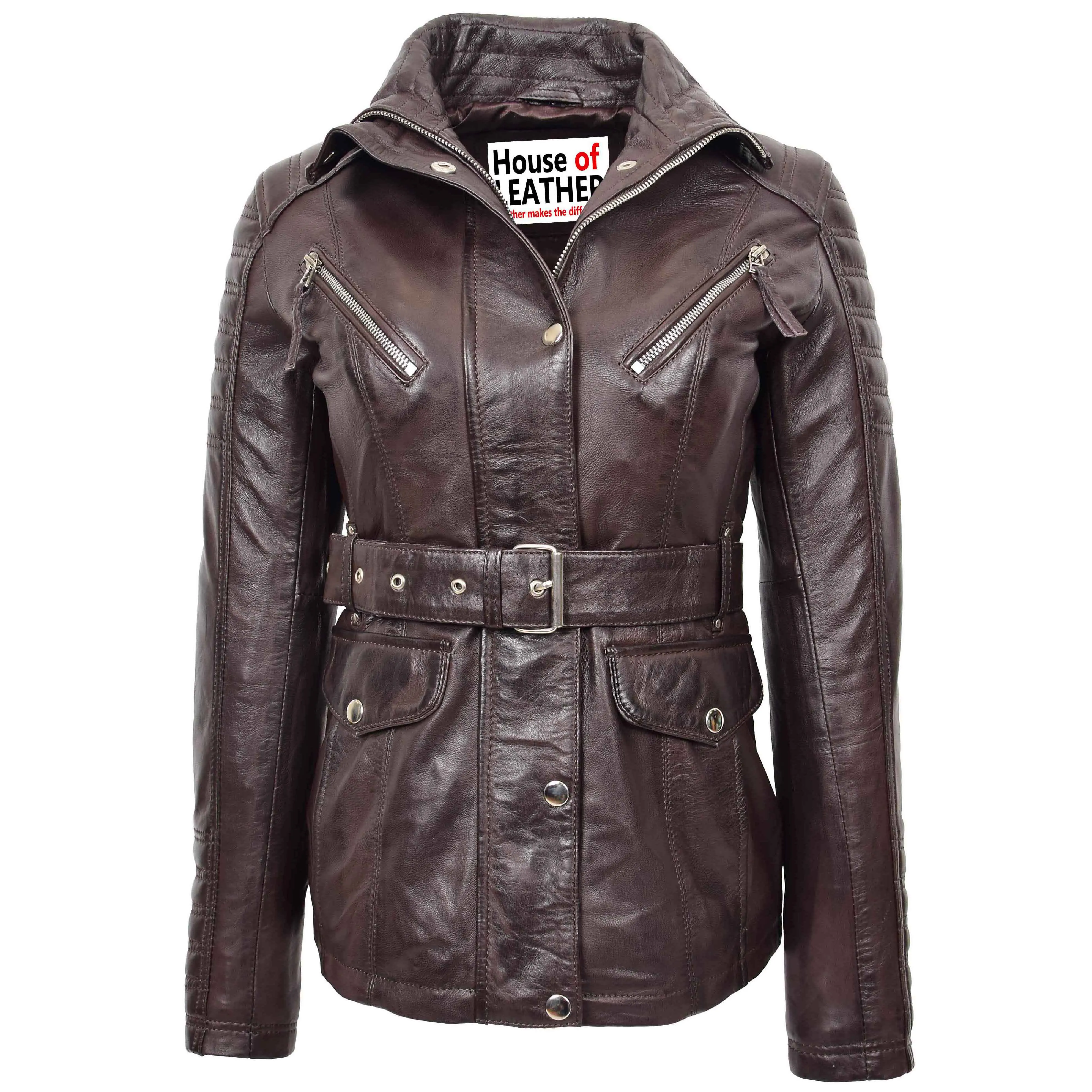 Womens Leather Parka Coat Detachable Hoodie Layla Brown