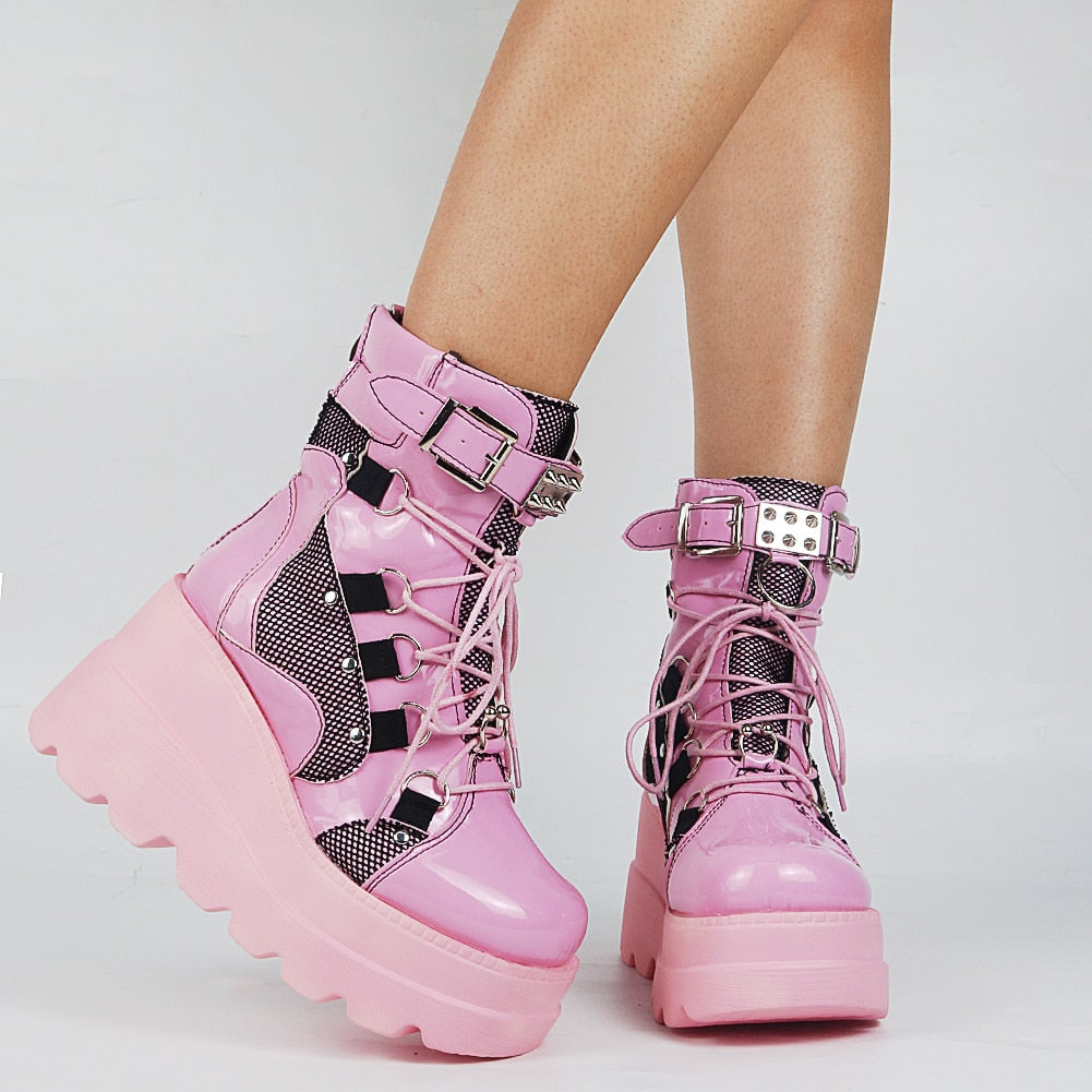 Women's Punk Style Lace Up Buckle Rivit High Wedge Ankle Boots