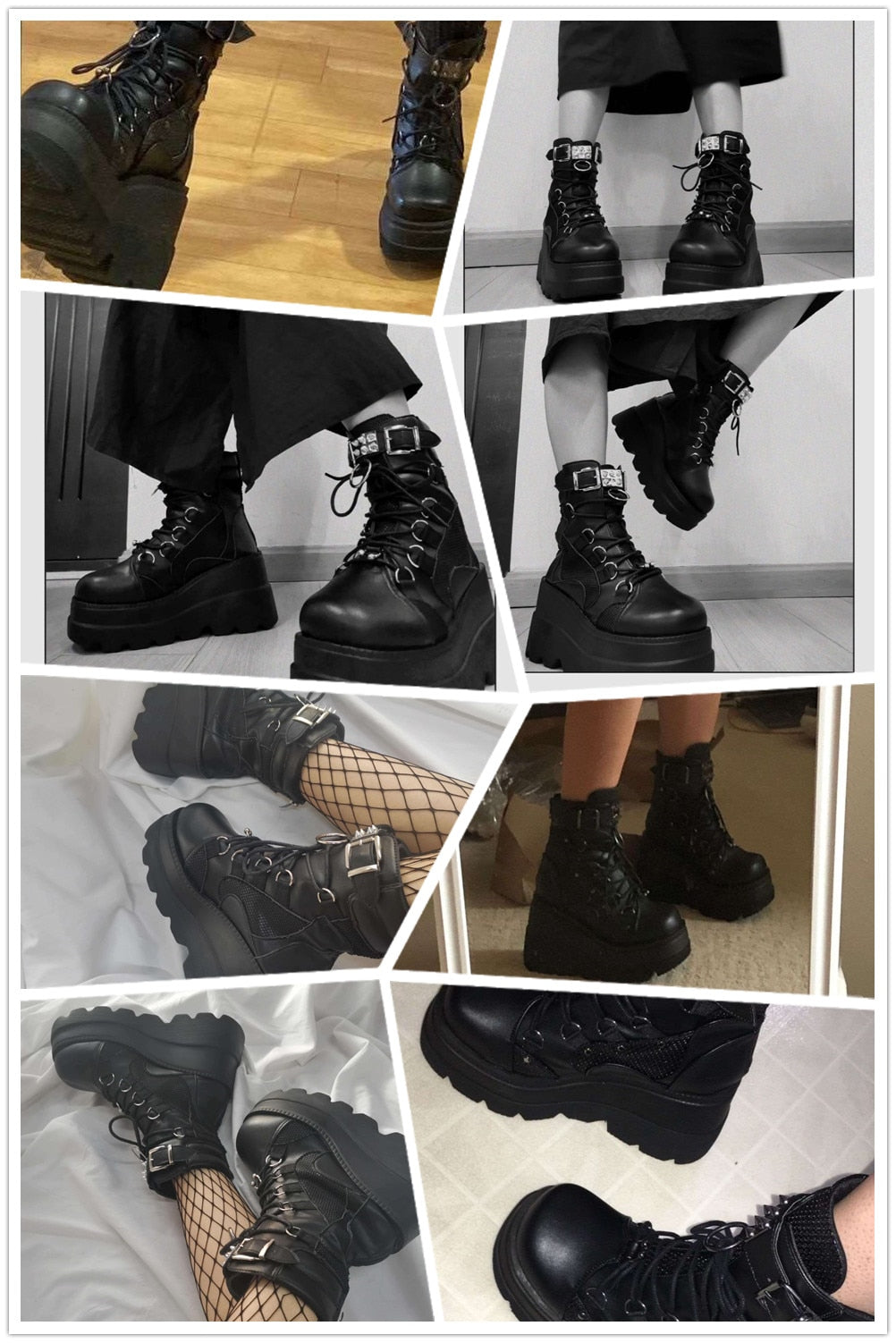 Women's Punk Style Lace Up Buckle Rivit High Wedge Ankle Boots