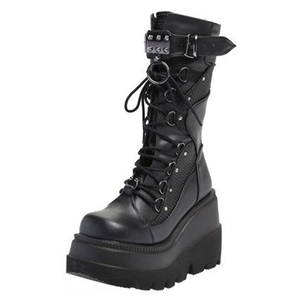 Women's Punk Style Lace Up Buckle Rivit High Wedge Ankle Boots