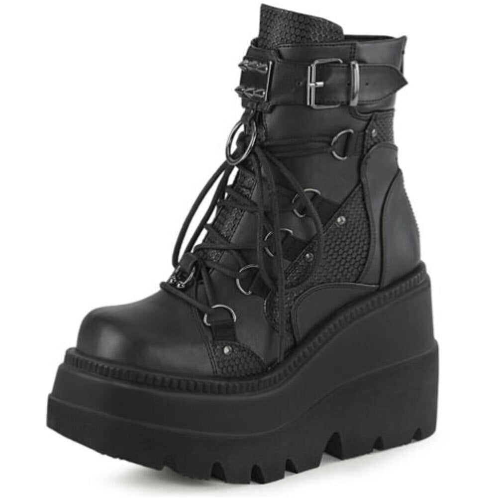 Women's Punk Style Lace Up Buckle Rivit High Wedge Ankle Boots