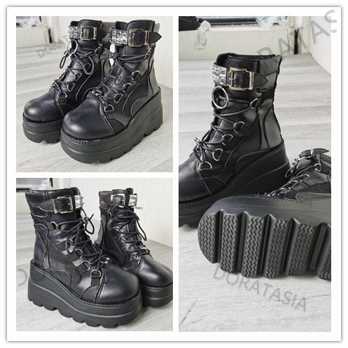 Women's Punk Style Lace Up Buckle Rivit High Wedge Ankle Boots