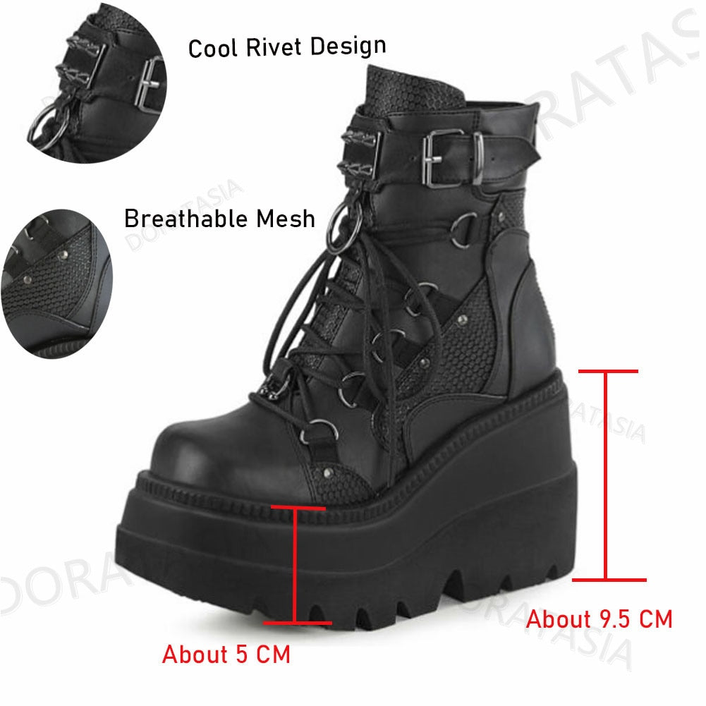 Women's Punk Style Lace Up Buckle Rivit High Wedge Ankle Boots