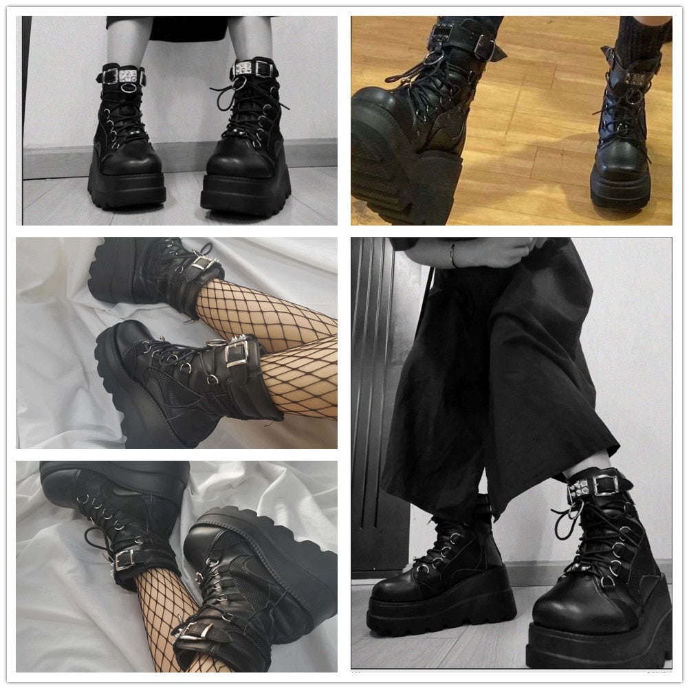 Women's Punk Style Lace Up Buckle Rivit High Wedge Ankle Boots