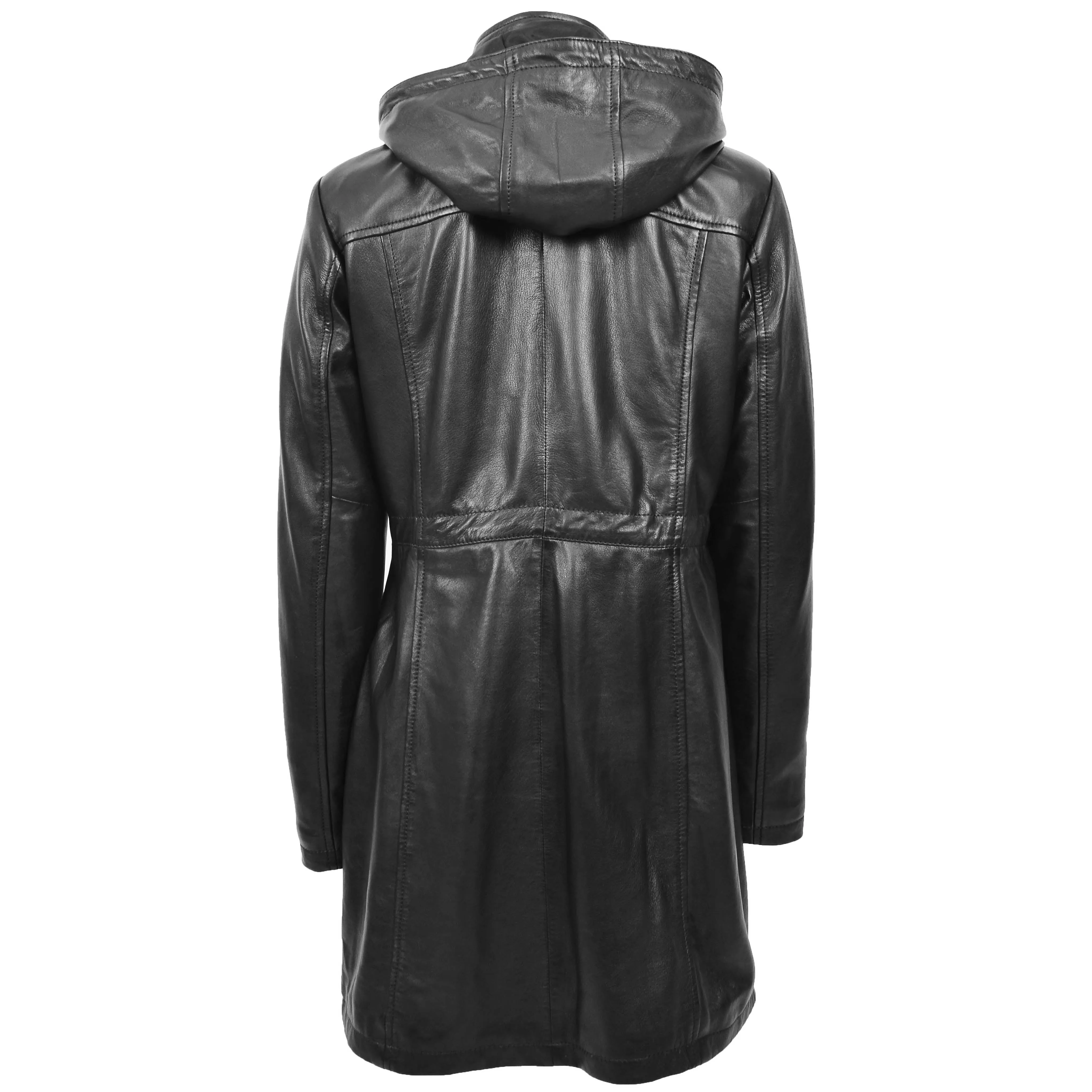 Womens Real Leather Hooded Parka Coat Tyra Black