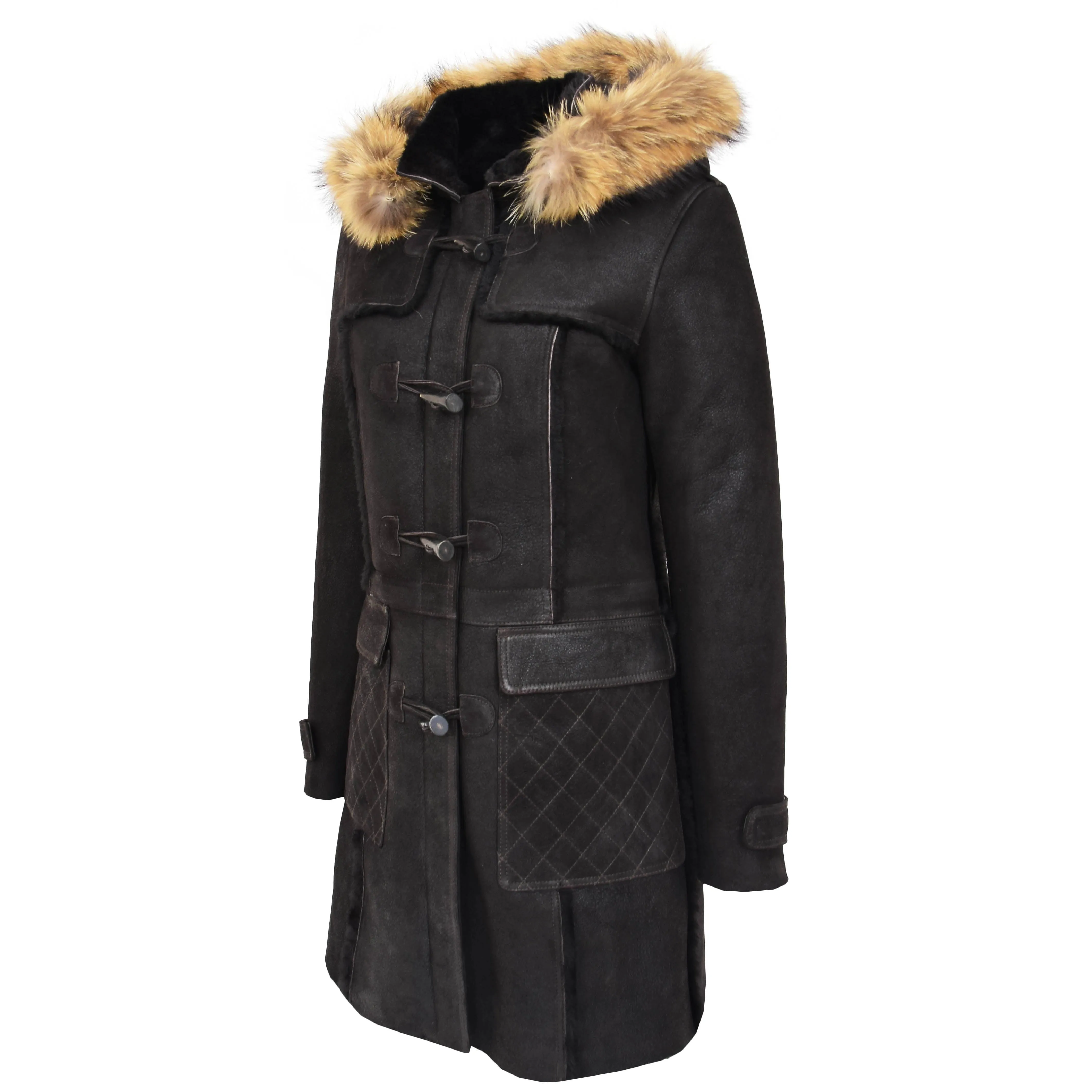 Womens Sheepskin Duffle Coat 3/4 Length Parka Beth Dark Brown