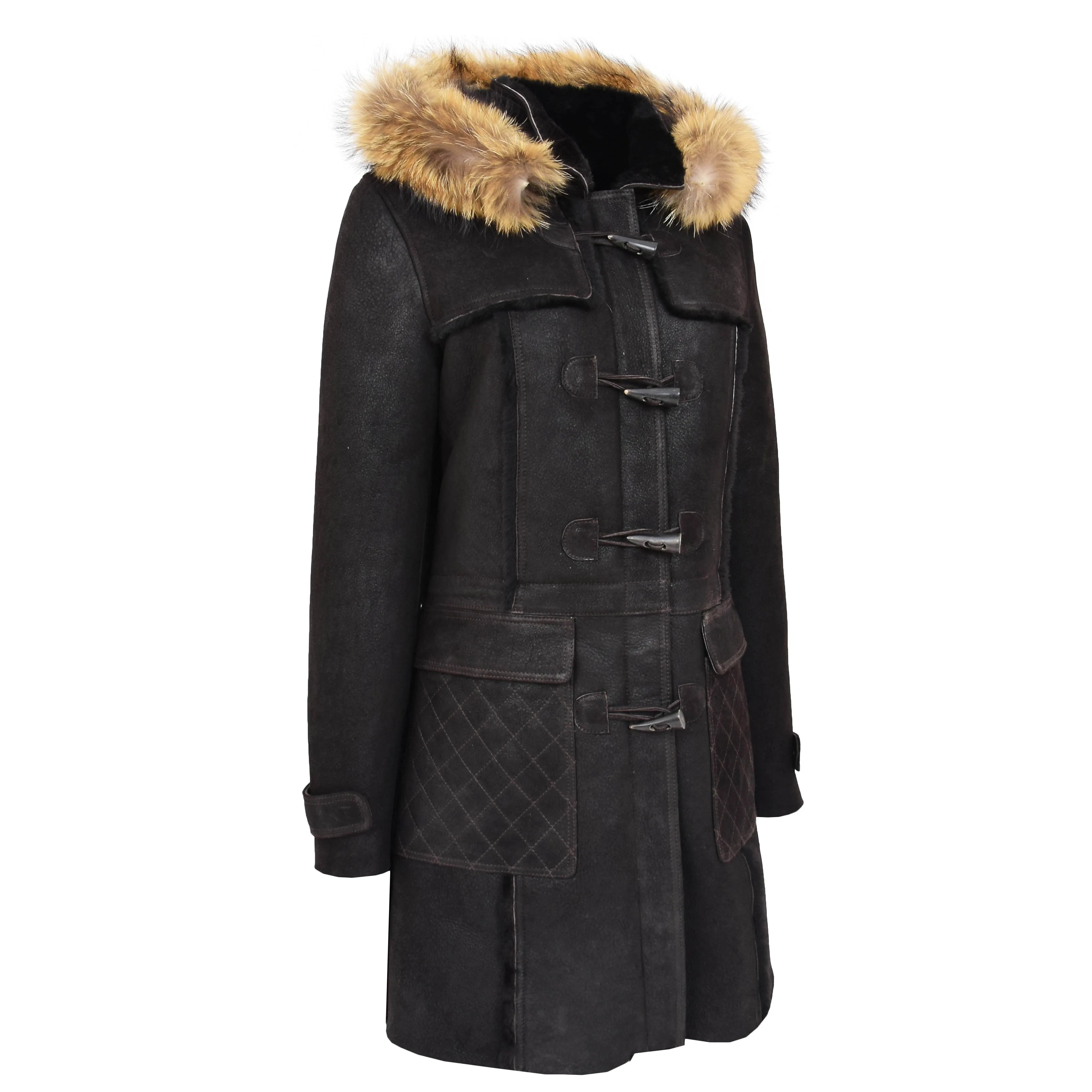 Womens Sheepskin Duffle Coat 3/4 Length Parka Beth Dark Brown