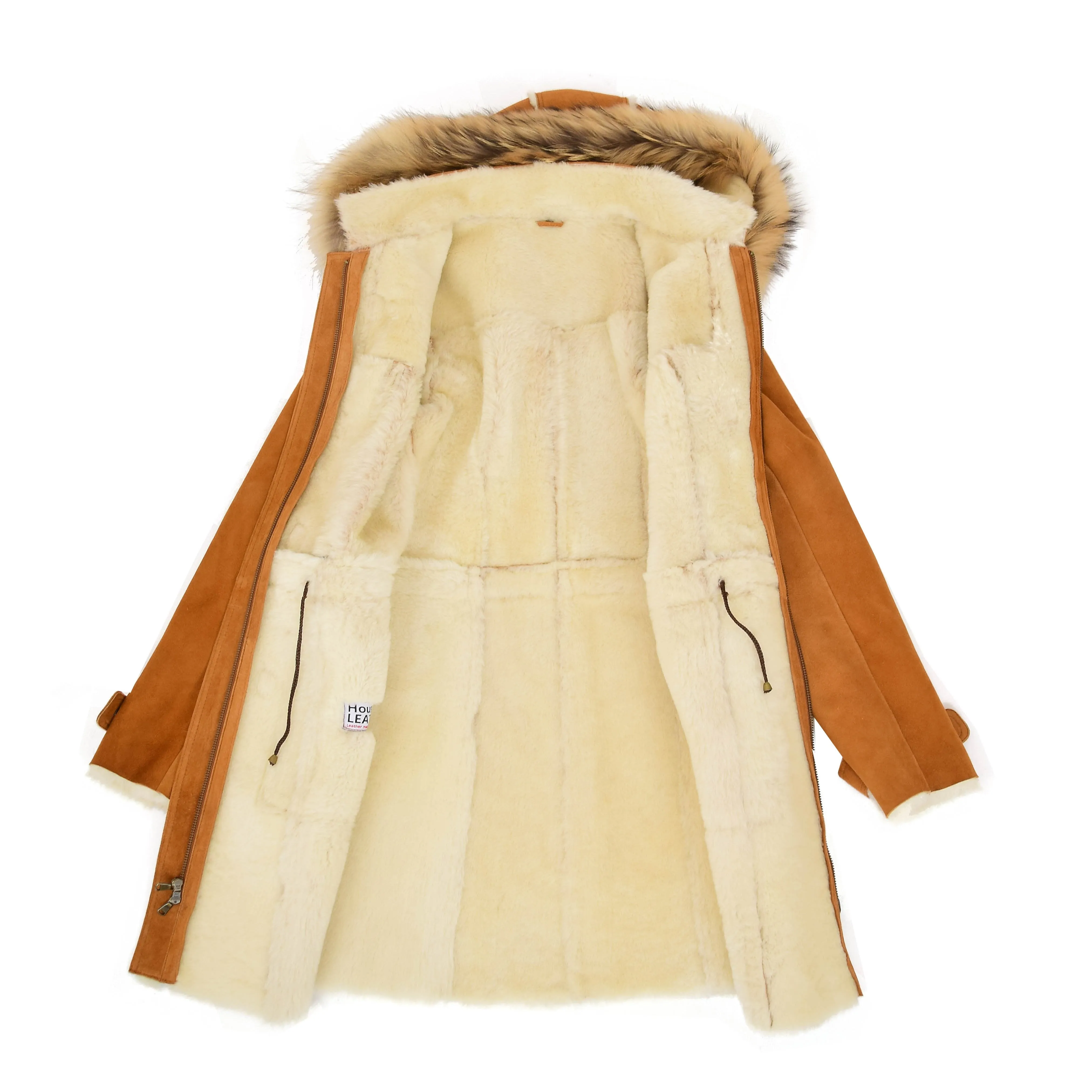 Womens Sheepskin Duffle Coat 3/4 Length Parka Beth Tan White