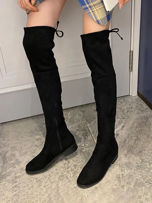 Women's Thigh High Boots Black Suede Flat Over The Knee Boots