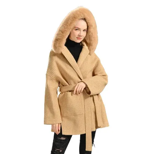 Woolen coat with a hood in real fur with a collar and long sleeves