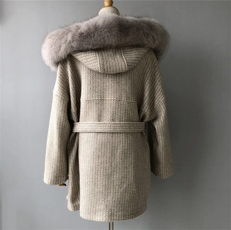 Woolen coat with a hood in real fur with a collar and long sleeves