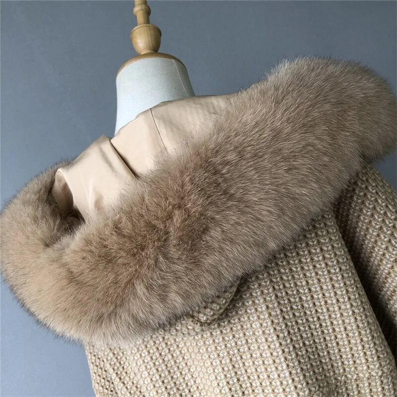 Woolen coat with a hood in real fur with a collar and long sleeves