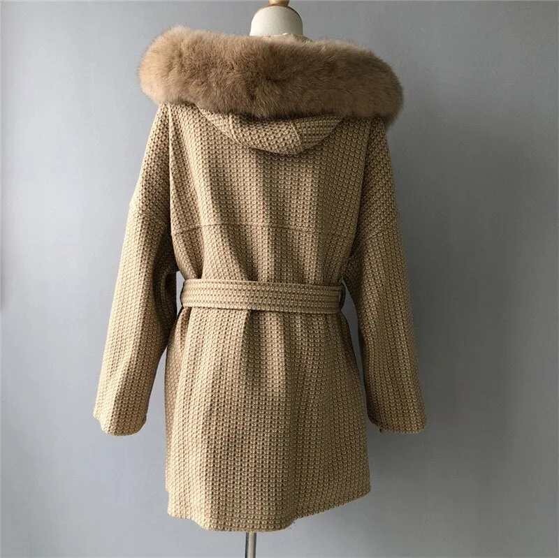 Woolen coat with a hood in real fur with a collar and long sleeves