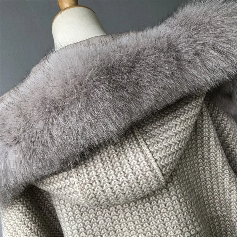 Woolen coat with a hood in real fur with a collar and long sleeves