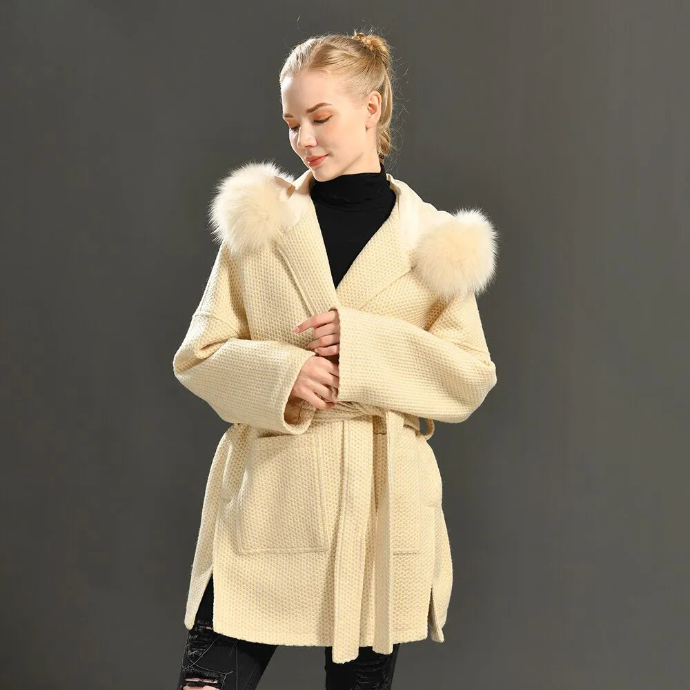 Woolen coat with a hood in real fur with a collar and long sleeves