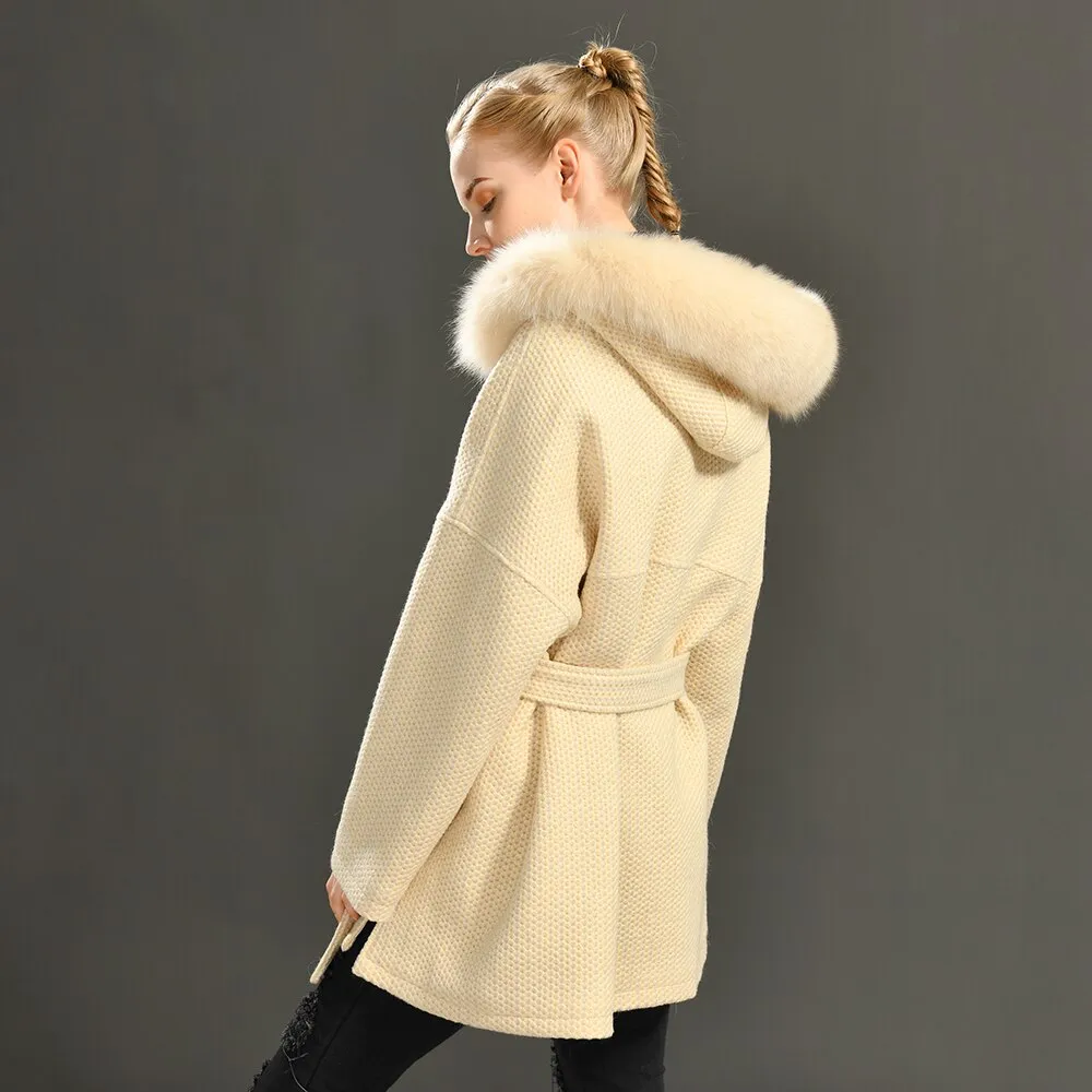 Woolen coat with a hood in real fur with a collar and long sleeves