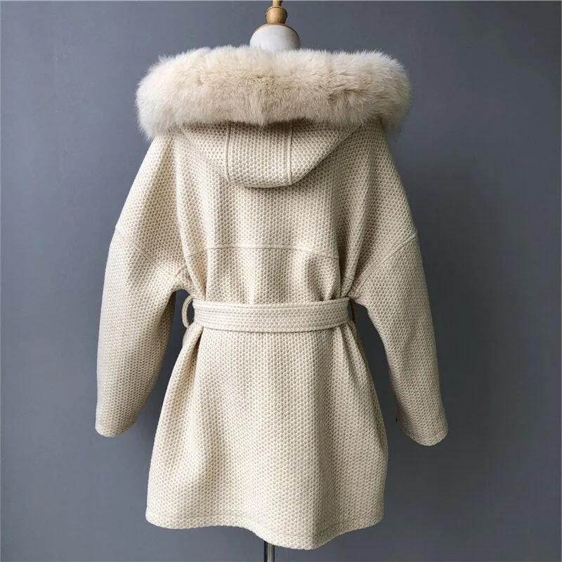 Woolen coat with a hood in real fur with a collar and long sleeves