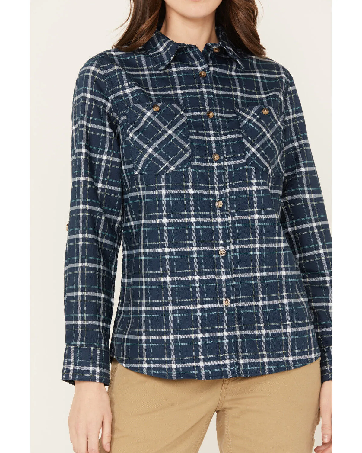 Wrangler Riggs Workwear Women's Plaid Print Long Sleeve Button Down Shirt