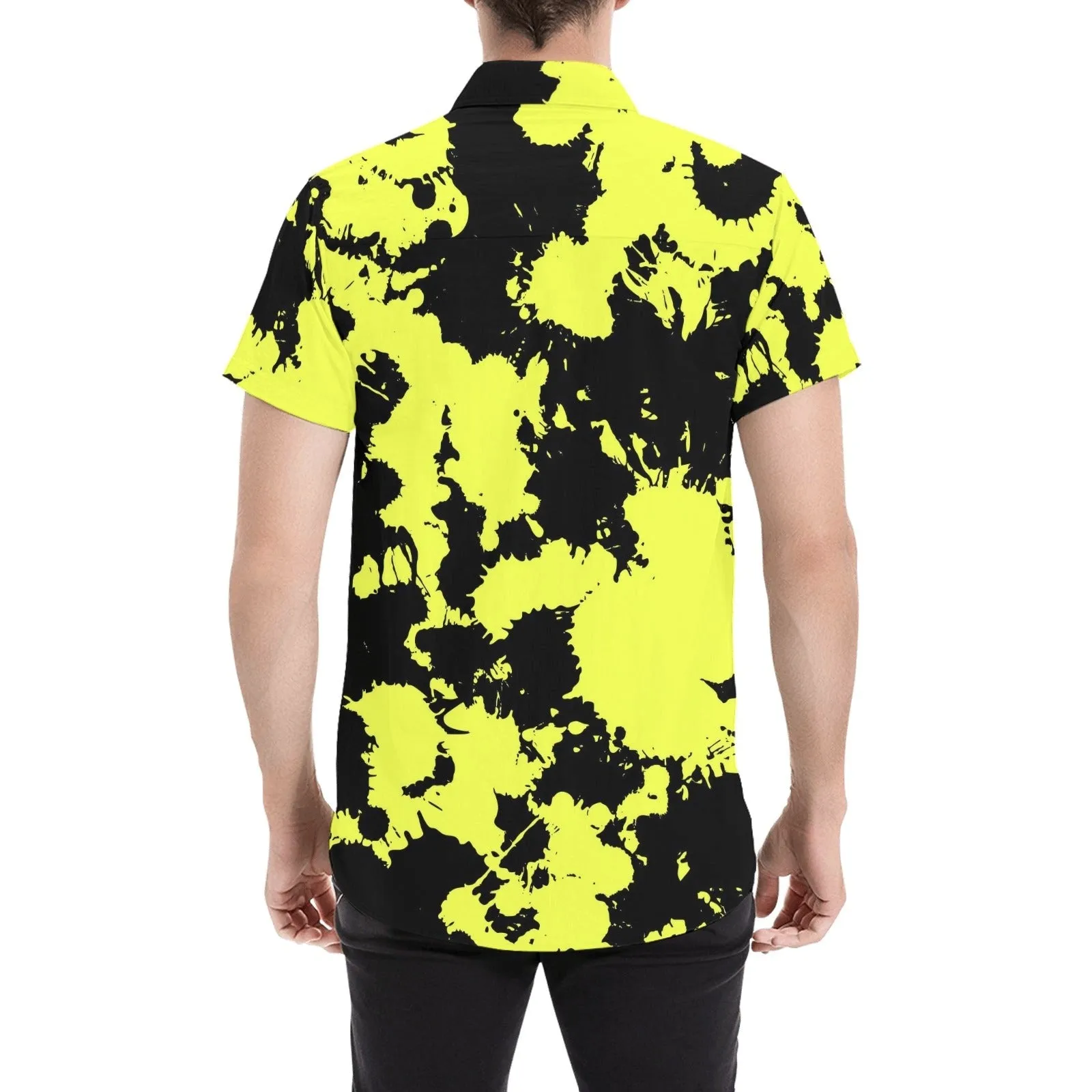 Yellow and Black Paint Splatter Short Sleeve Button Up Shirt