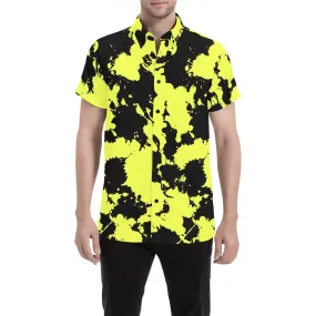 Yellow and Black Paint Splatter Short Sleeve Button Up Shirt